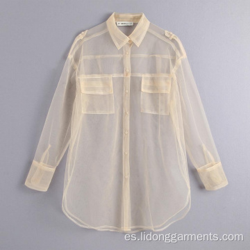 Manga larga blanca ver a través de blusas de camisa top